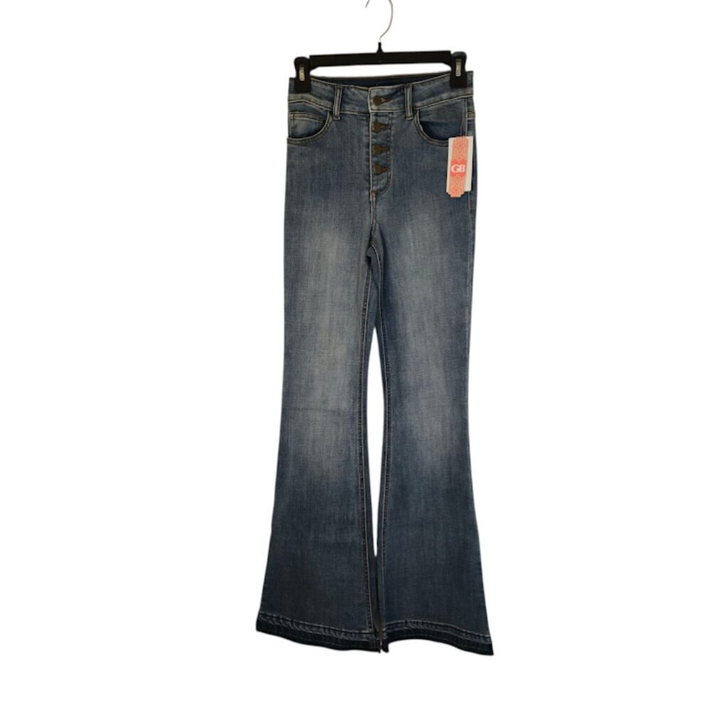 GB NWT Juniors Flare Leg Jeans Size 1 Blue Button Fly Raw Hem Bohemian Retro